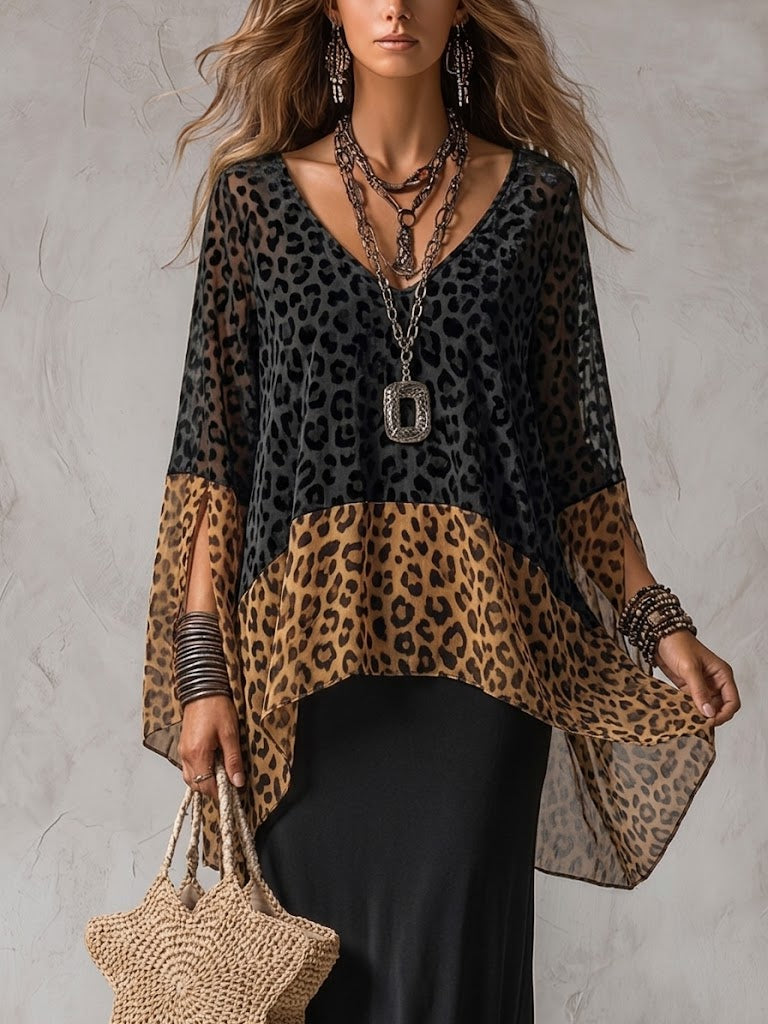 Loose And Comfortable Chiffon Top With Leopard Print Paneling