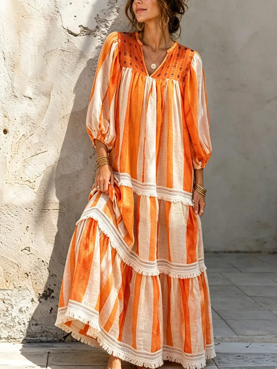Women's Striped Loose Art Casual Stylish V-collar 3/4 Sleeve Maxi Dress