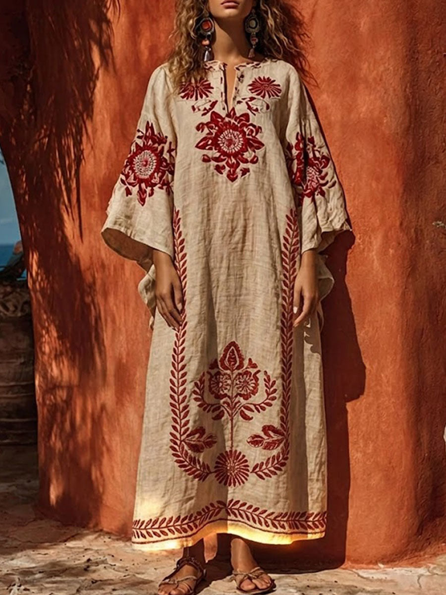 Women's Embroidered Print Casual Cotton-linen Dress