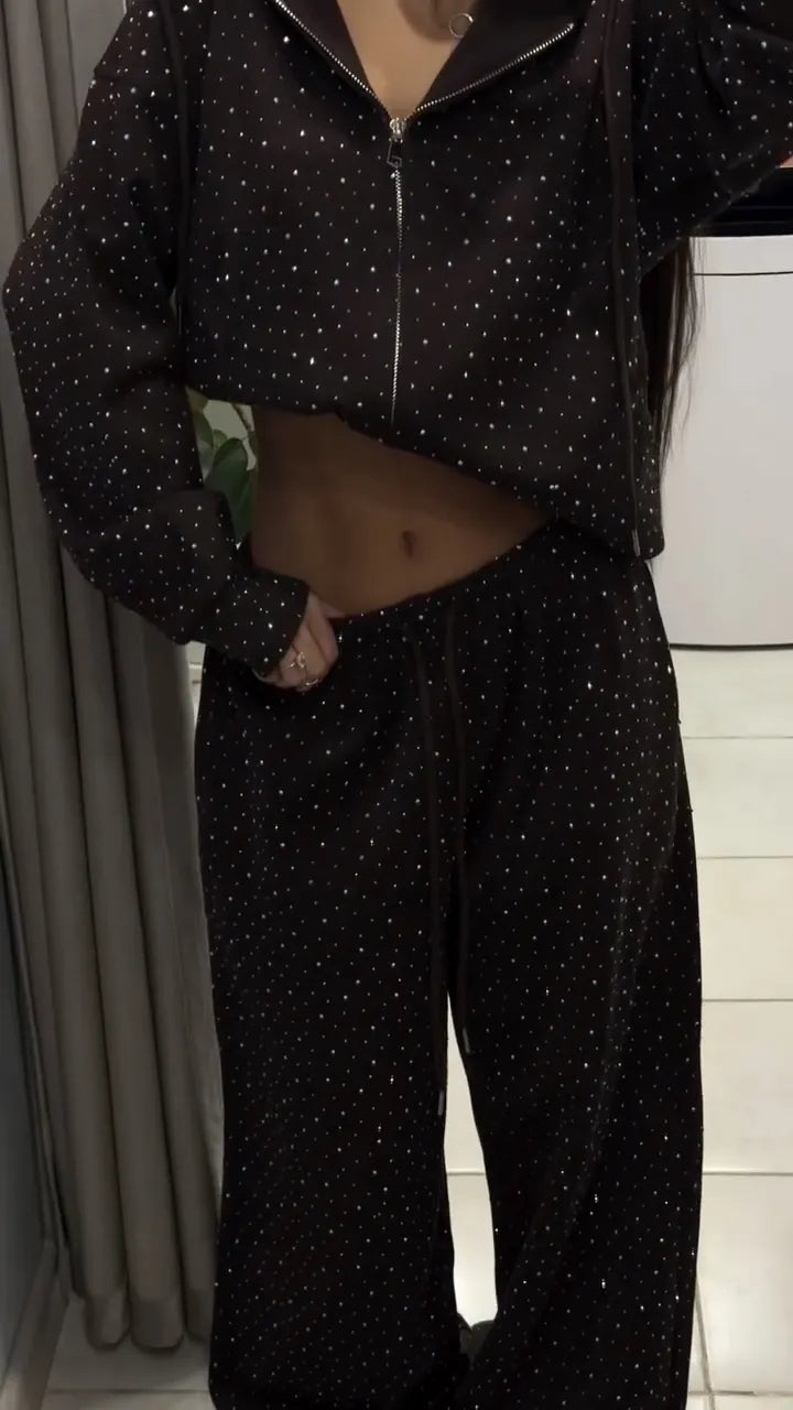 Rhinestone Hooded Zip Up Sweatshirt & Wide Leg Pants Set