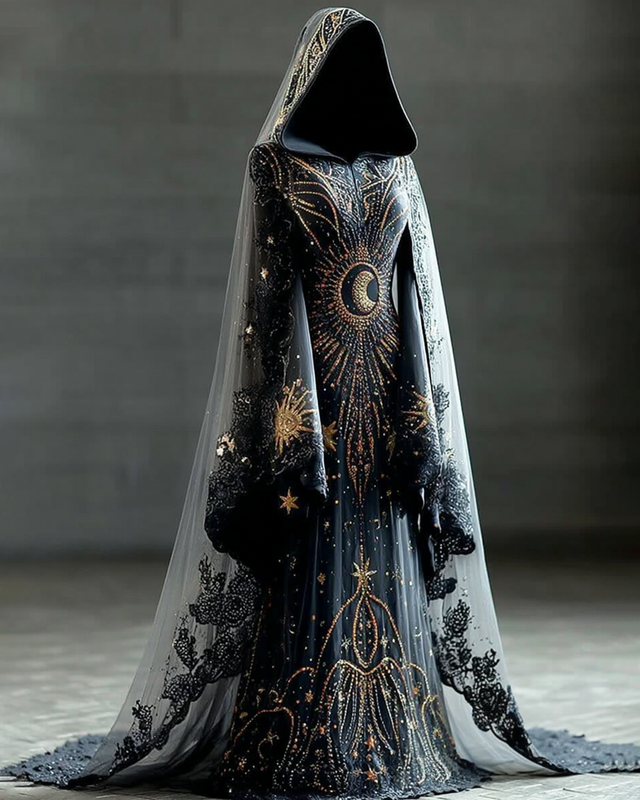 Halloween Themed Star And Moon Embroidered lace Hooded dress 41af