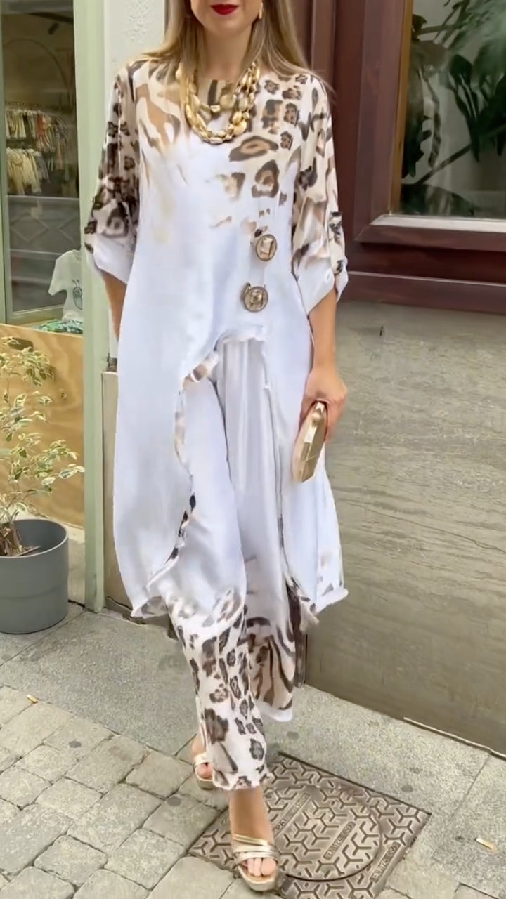 Women's Round Neck Leopard Print Satin Casual Suit