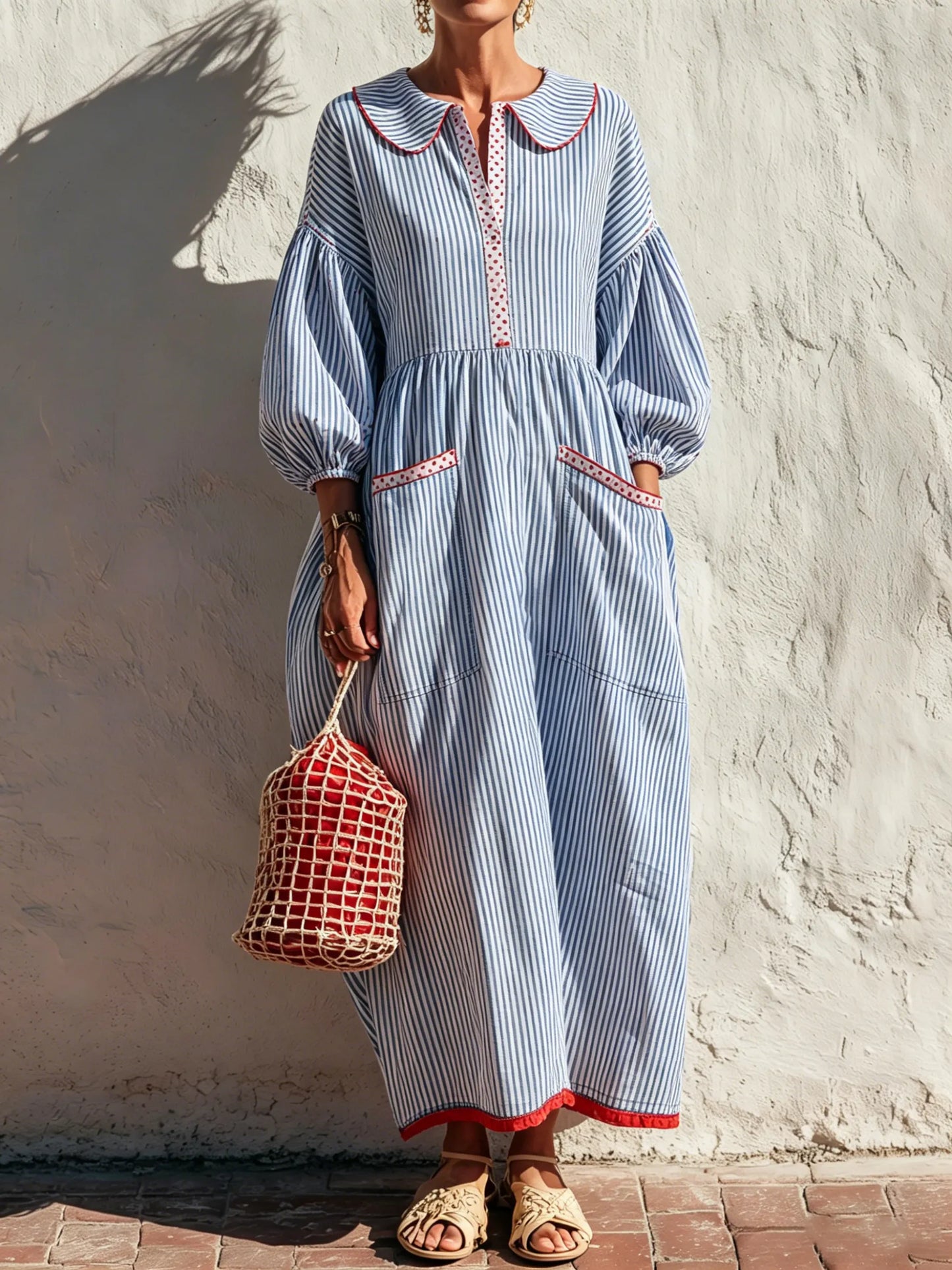 Women's Striped Peter Pan Collar Maxi Shirt Dress