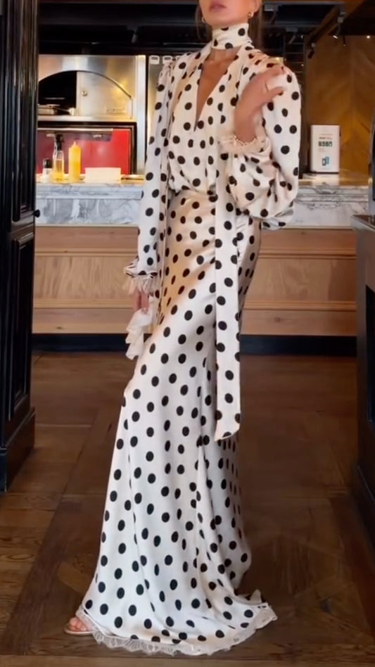 Women's V-Neck Polka Dot Satin Maxi Dress