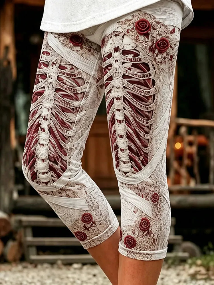 Women's Retro Halloween Rose Skull Print Skinny Capri Pants