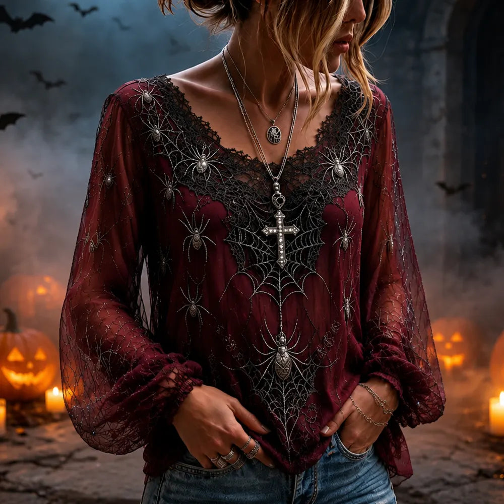 Women's Sheer Mesh Long Sleeve V-neck Blouse With Spiderweb And Spider Patterns