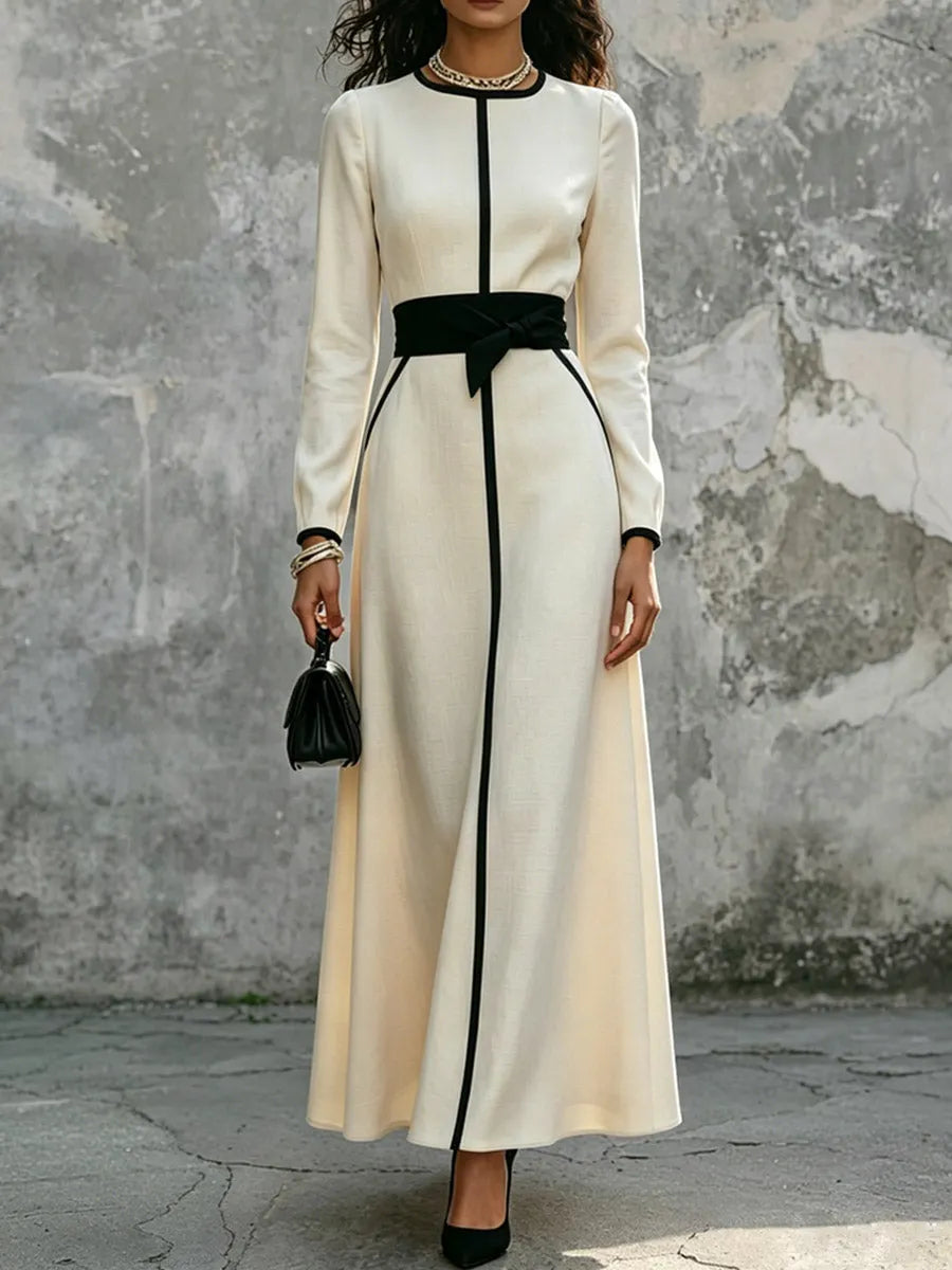 Women's Elegant Contrast Trim Art Casual Stylish Long Sleeve Maxi Dress