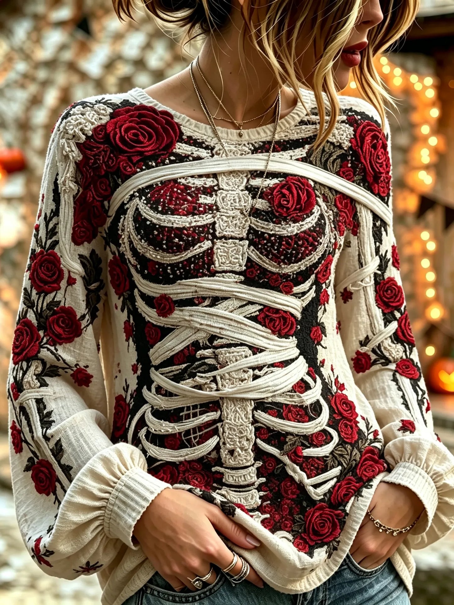 Women's Retro Halloween Bloody Human Skeleton With Floral Art Casual Long Sleeve Tops