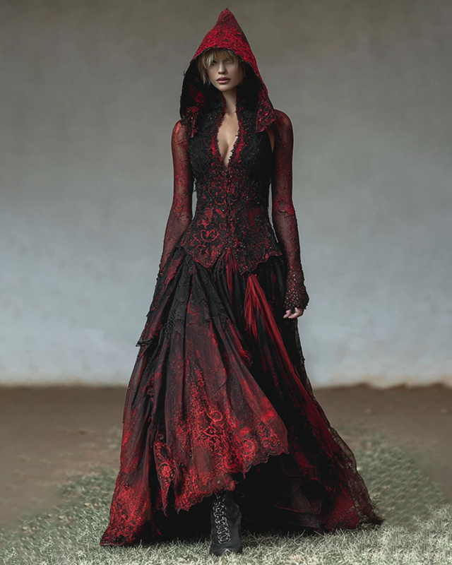 Halloween themed gradient lace embroidery patchwork hooded dress dca2