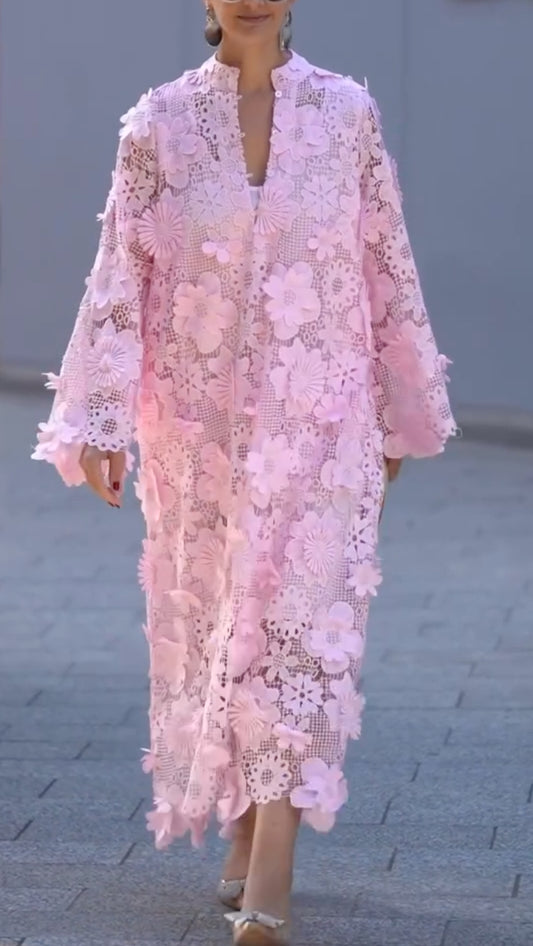 V Neck 3D Floral Lace Kaftan Maxi Dress
