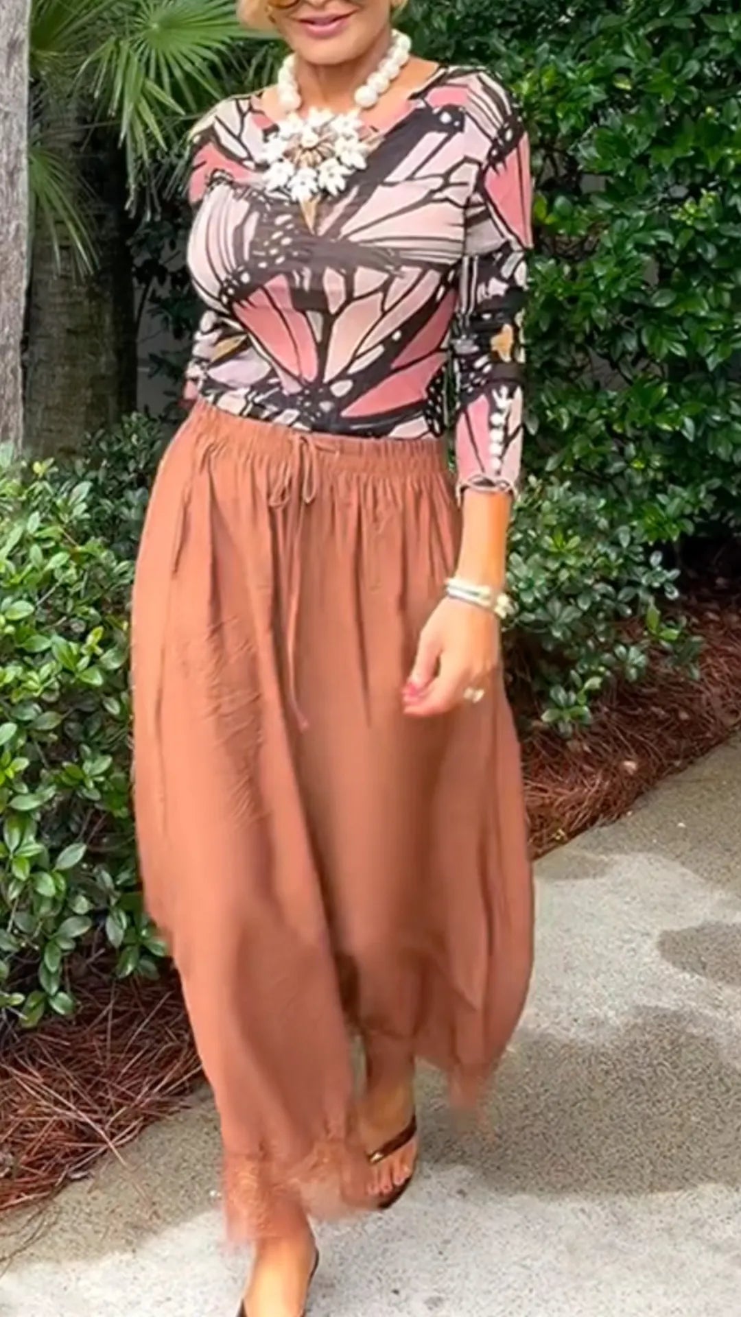 Butterfly Print Mesh Top & Lace Hem Satin Wide Leg Pants