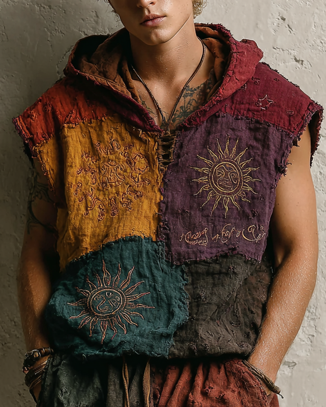 Men's Summer Vacation Star and Moon Embroidery Rainbow Contrast Hooded Sleeveless Top 2050