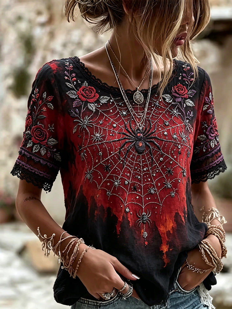 Vintage Halloween Spider And Rose Art Lace Embroidery Gradient Distressed Cotton Linen Crew Neck Short Sleeve Top