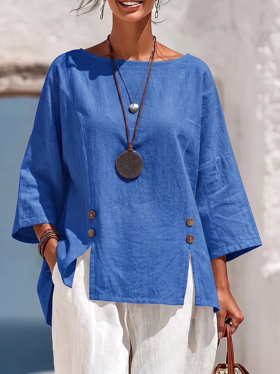 Breathable Blue Comfortable Cotton-linen Top