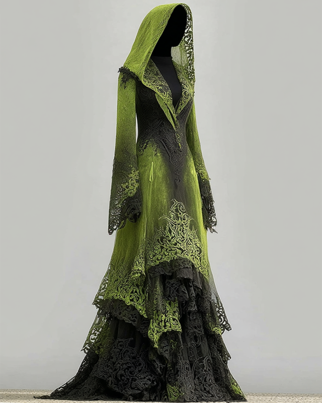 Halloween Gradient Snake Print Lace Paneled Hooded Dress be6b
