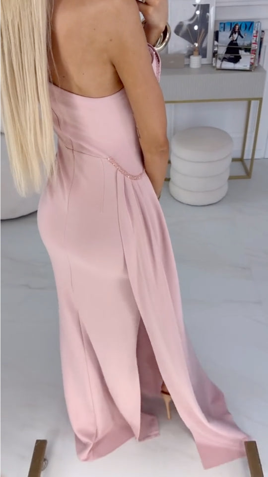 Flower Applique Side Slit Evening Gown Midi Dress