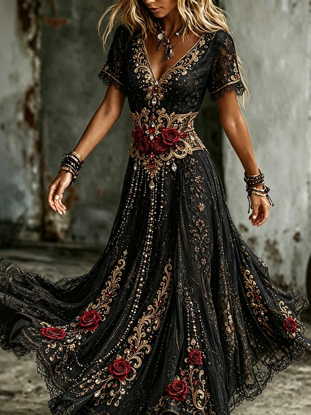 Women's Halloween Gothic Red Rose Embroidery Art V-neck Short Sleeve Maxi Dress