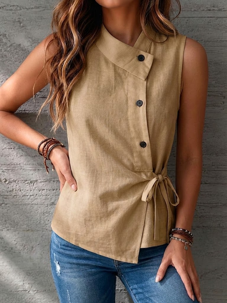 Casual Sleeveless Linen And Cotton Top