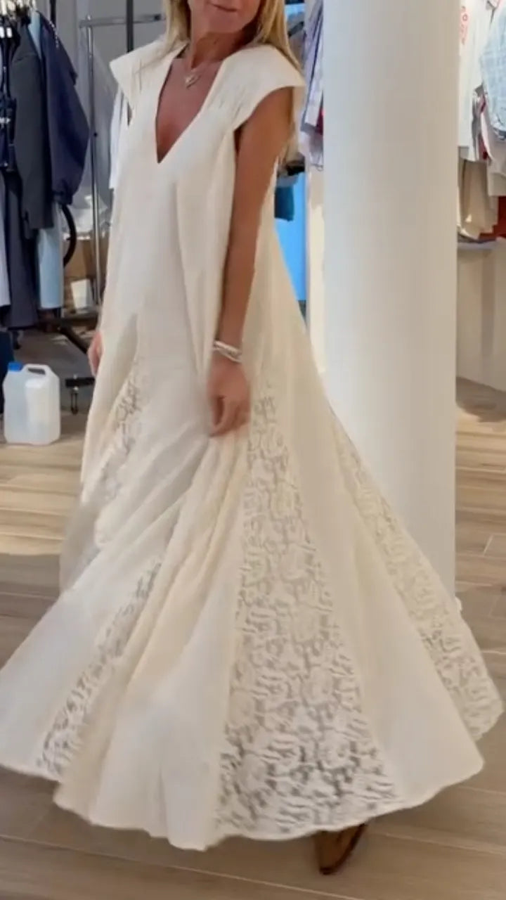 White Lace V Neck Panel Maxi Dress