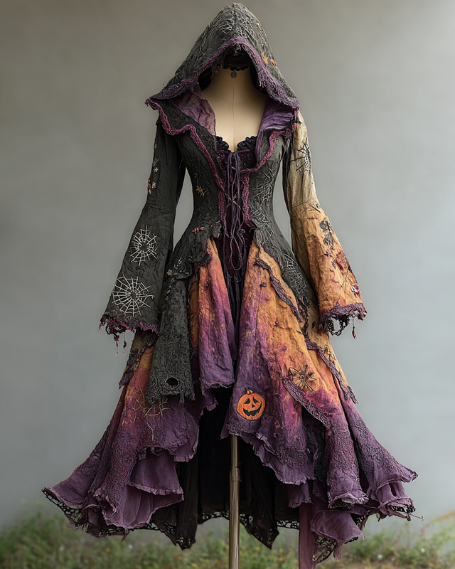 Halloween Themed Irregular Gradient Embroidered Hooded Dress 007a