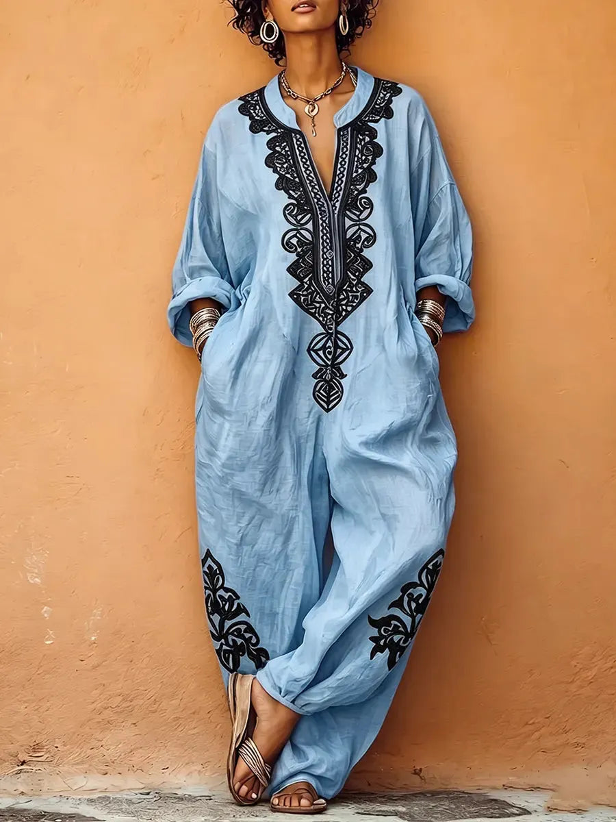 Boho-Chic V-Neck Harem Linen Jumpsuit
