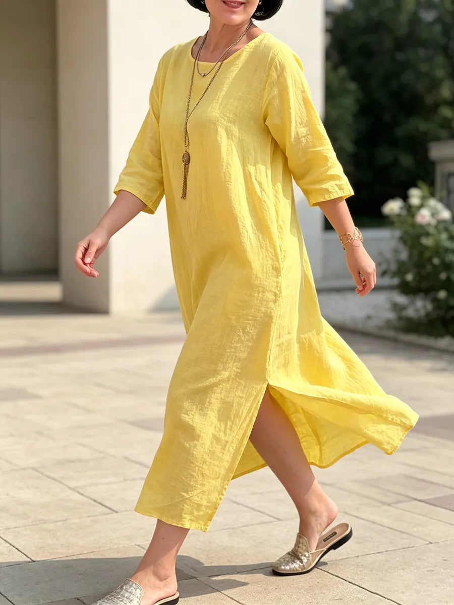 Sunny Yellow Cotton-linen Dress With Side Slits