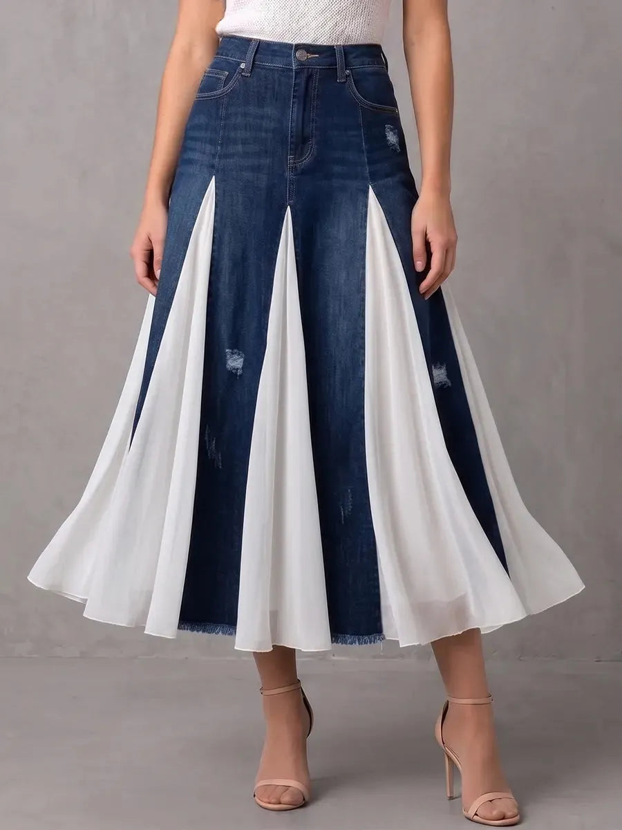 Contemporary Denim & Chiffon Paneled Midi Skirt