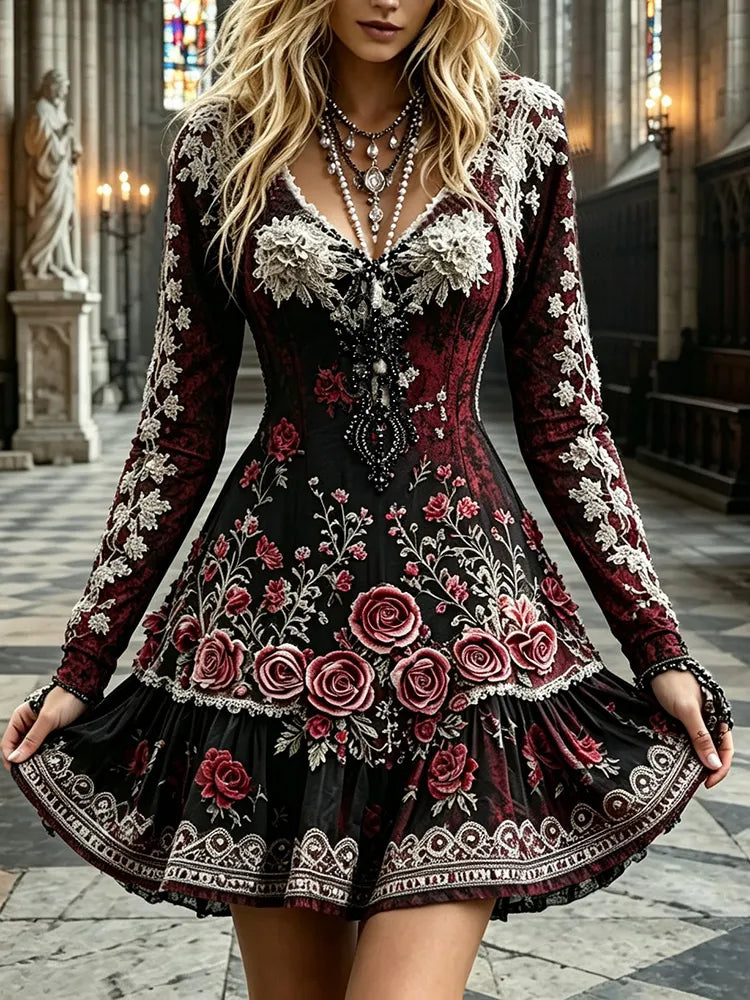 Women's Gothic Rose Design V-neck Cotton Linen Long-sleeved Dress