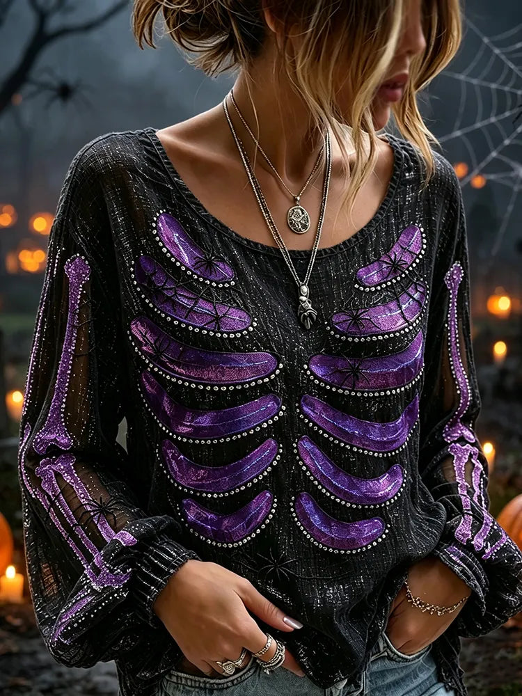 Women's Halloween Purple Skeleton And Spider Web Pattern Casual Long-sleeve T-shirt