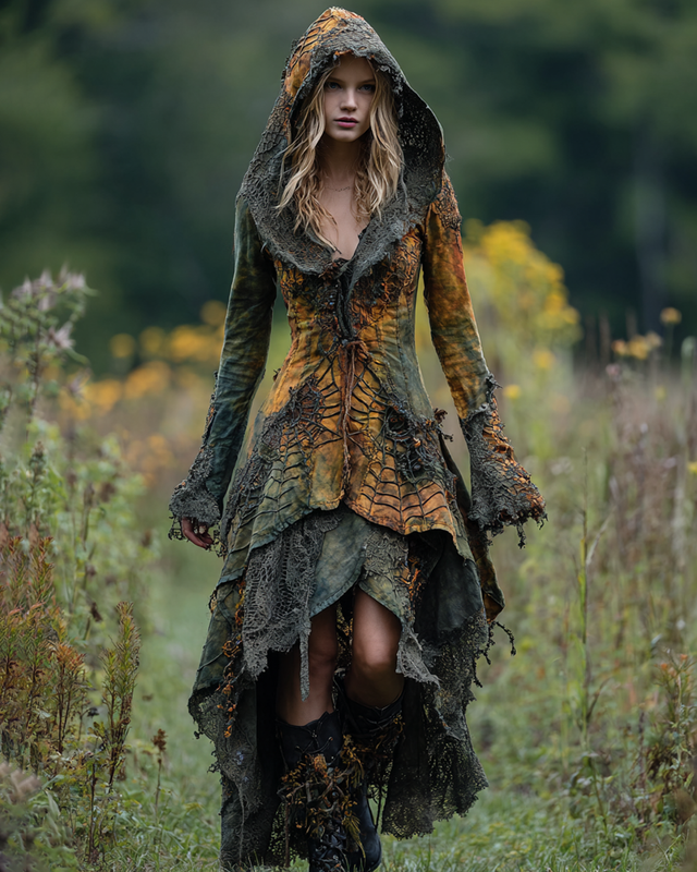 Halloween Themed Irregular Gradient Spiderweb Embroidery Lace Patchwork Hooded Dress 40f9