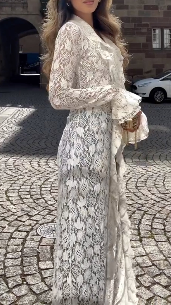 Lace Ruffle Trim Long Sleeve Open Front Maxi Duster Cardigan