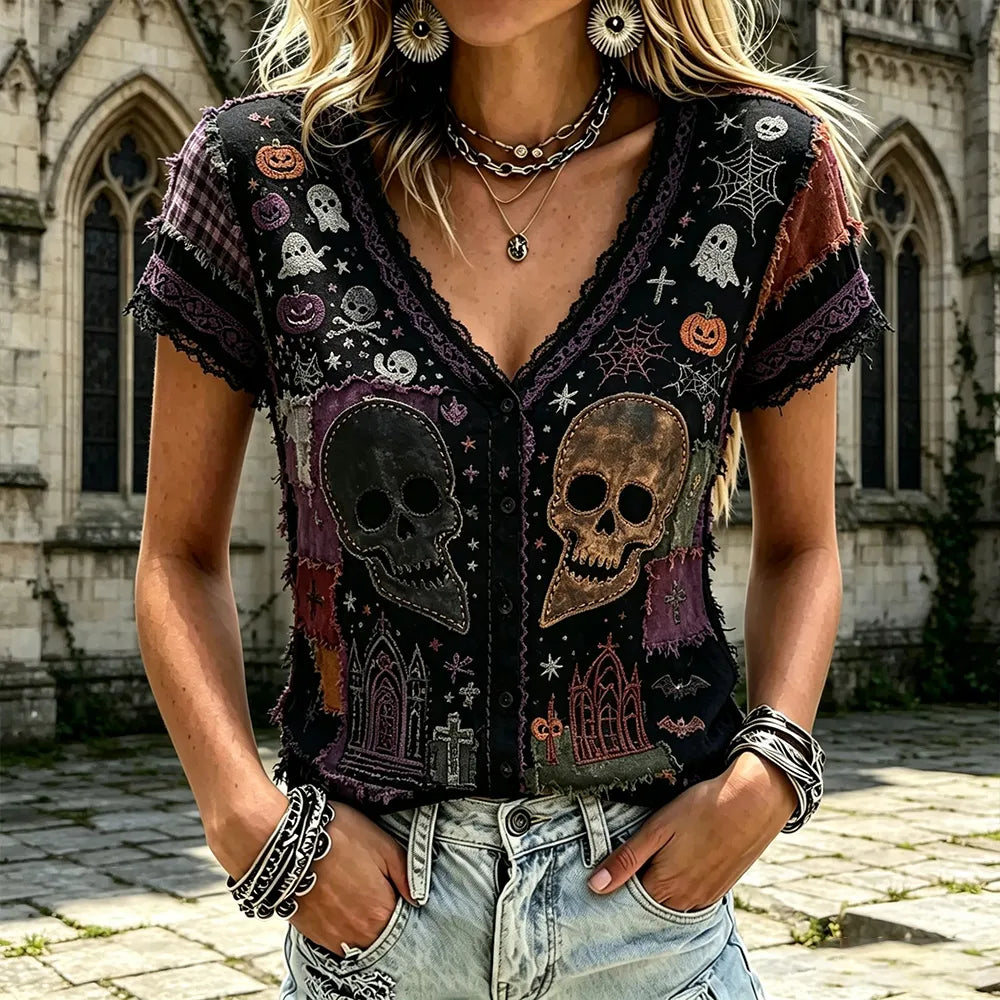 Women's Halloween Skull And Spider Art Distressed Patchwork V-neck Short Sleeve Top