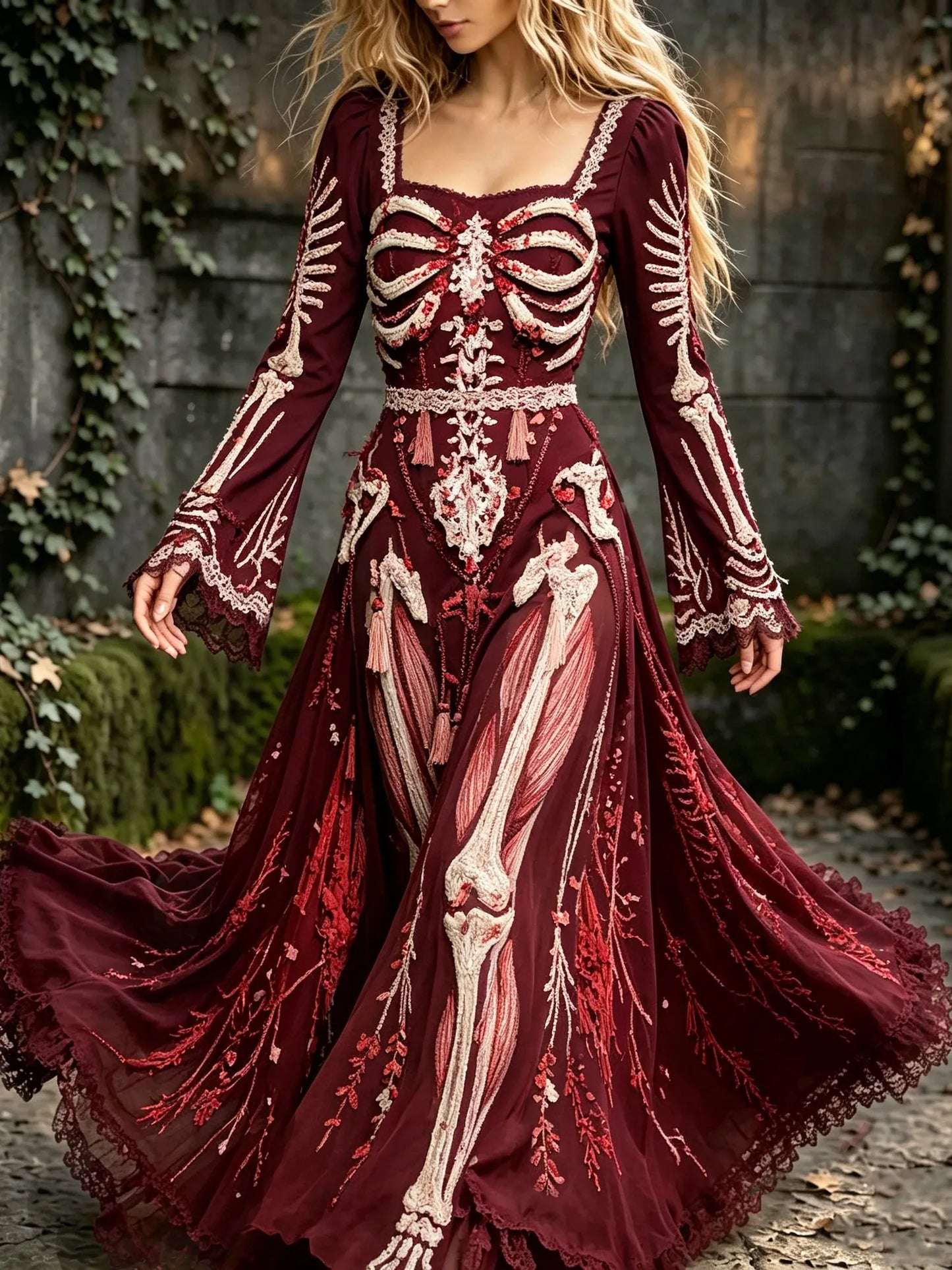 Women's Retro Gothic Human Structure Halloween Theme Casual Long-sleeved Dress