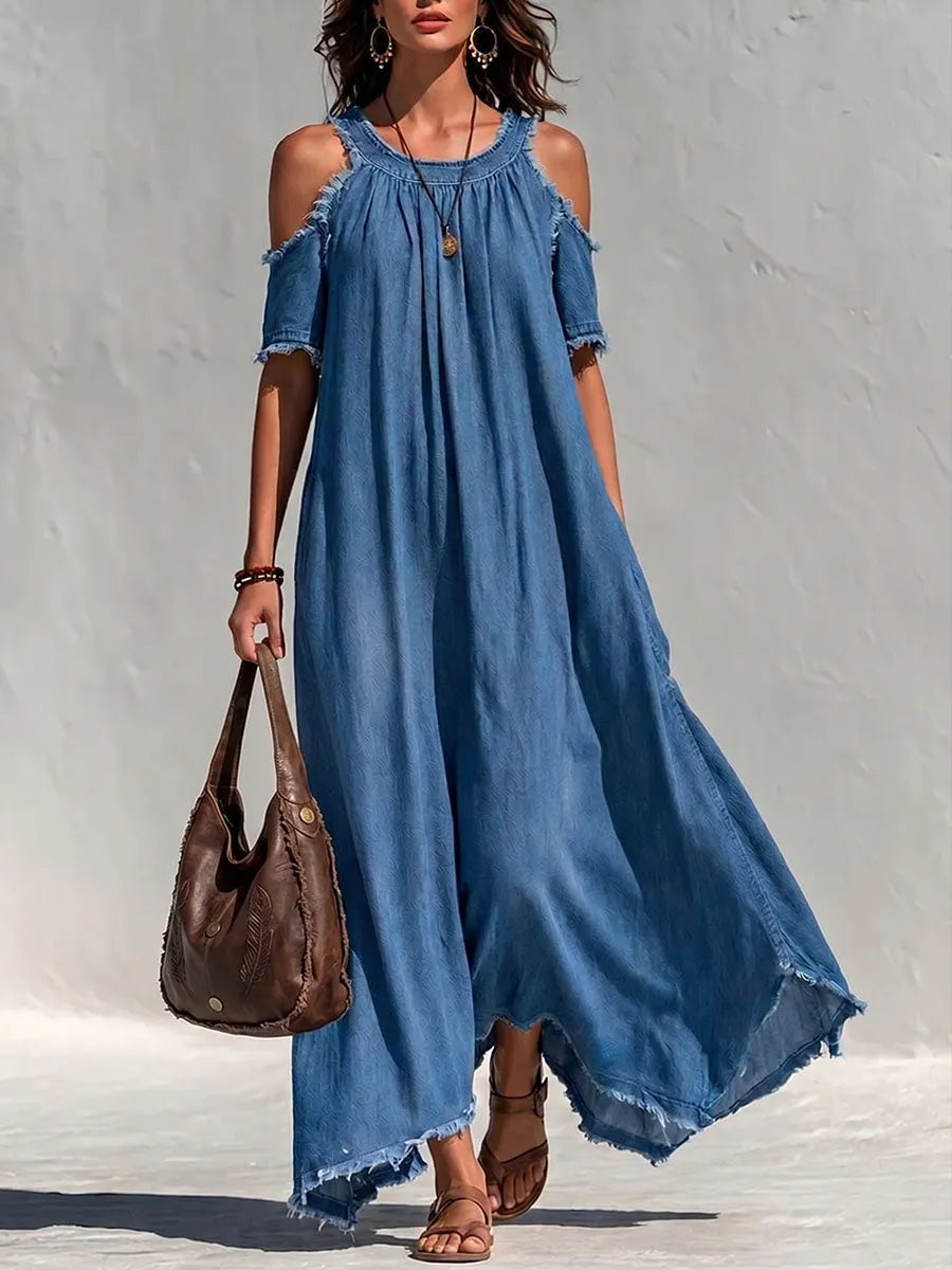 Women's Casual Loose-fit A-line Denim Dress With Round Neck And Short Sleeves