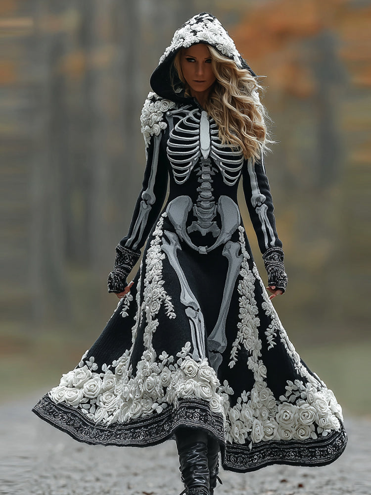 Women's Halloween Skeleton Bones With Rose Art Cozy Knit Hooded Sweater Dress