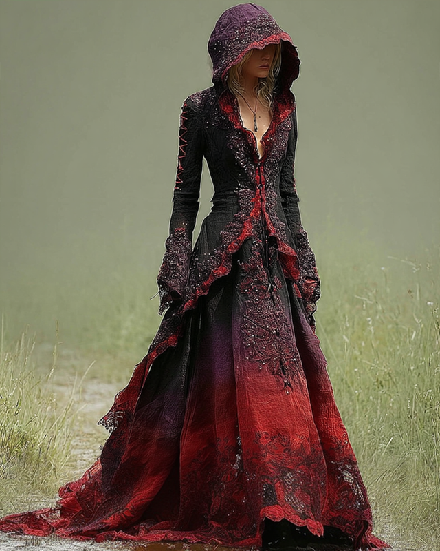 Halloween Themed Irregular Gradient Lace Patchwork Hooded Dress dc91