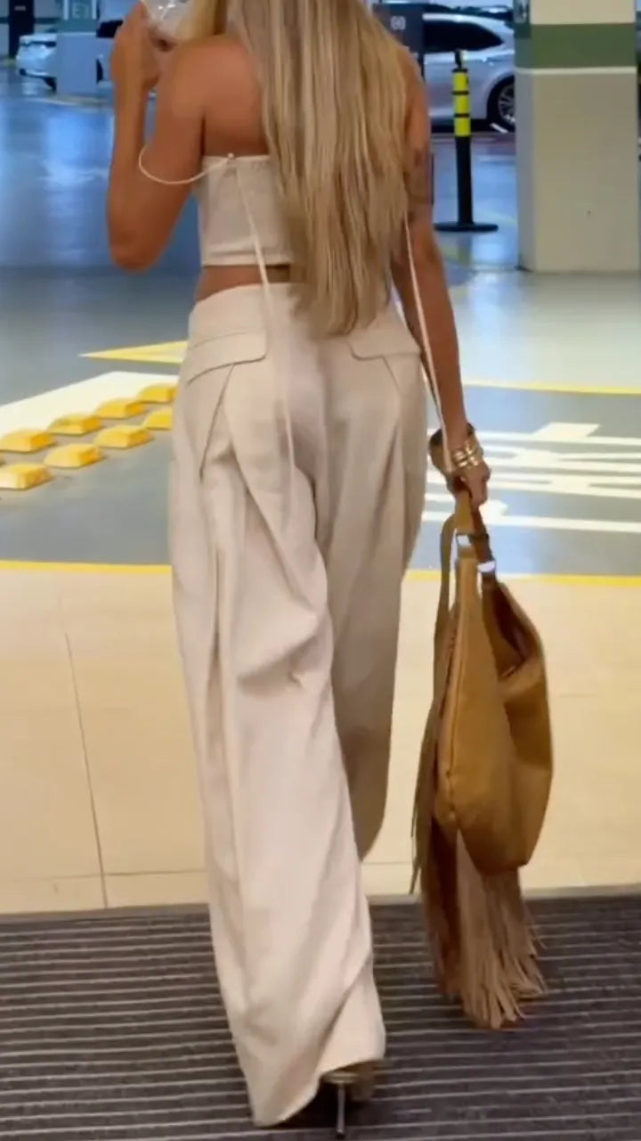 Beige Corset Cami Top and Wide Leg Pants Setts Setet