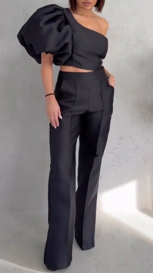 One Shoulder Puff Sleeve Crop Top & Straight Pants Two Piece Set