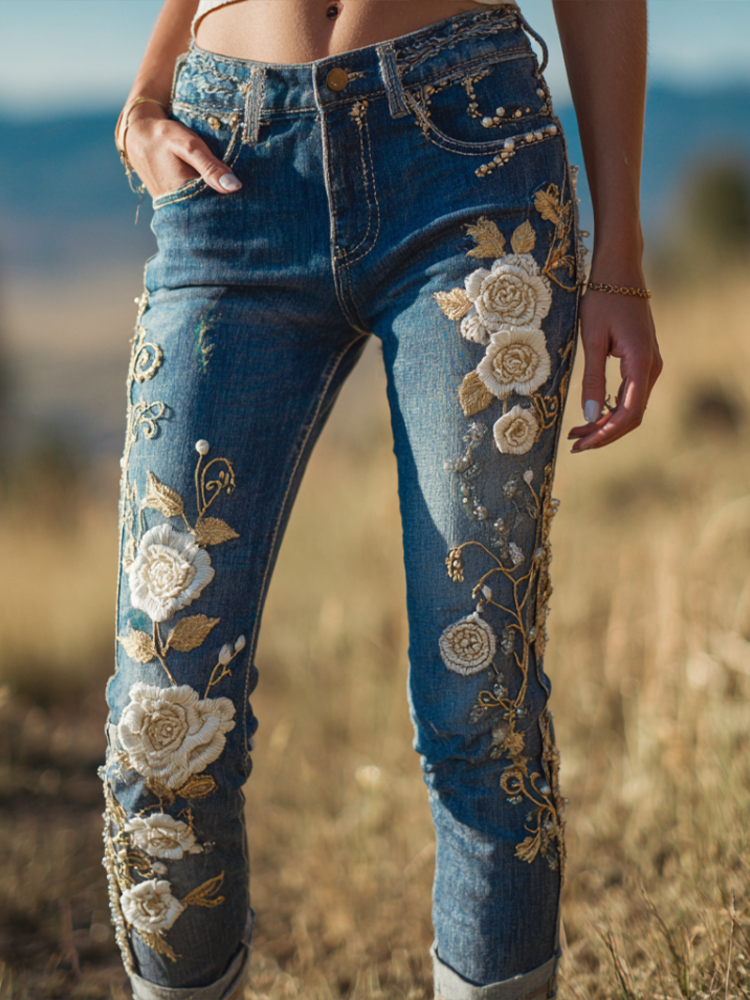 Bohemian Style Women's Plant Flower Embroidery Loose Fit Wide Leg Straight Leg Denim Long Pants