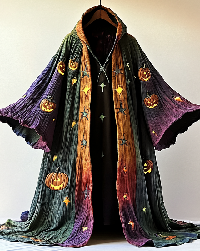 Halloween Themed Irregular Gradient Pumpkin Embroidered Hooded Cape 78fa