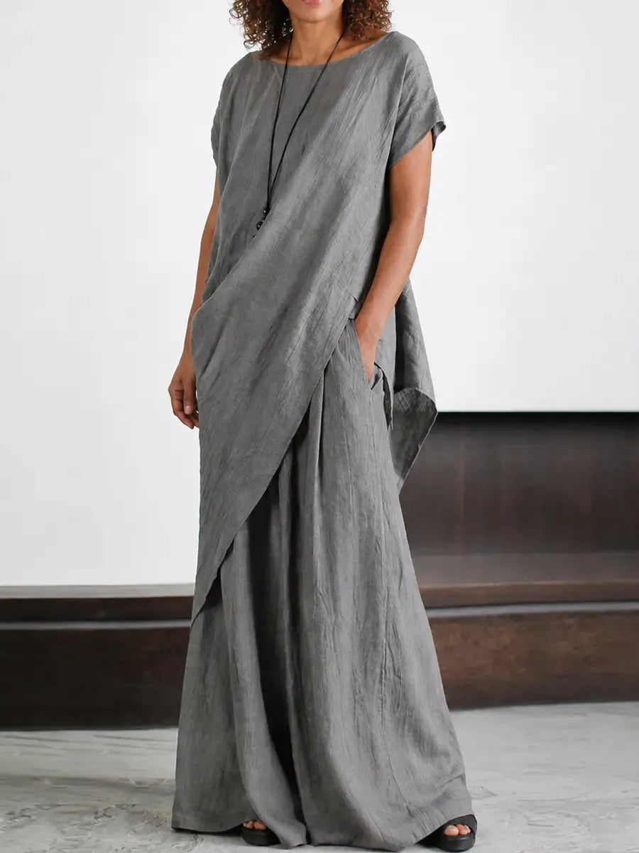 Effortless Elegance Cotton Linen Set – Relaxed Draped Top & Flowing Wide-leg Pants
