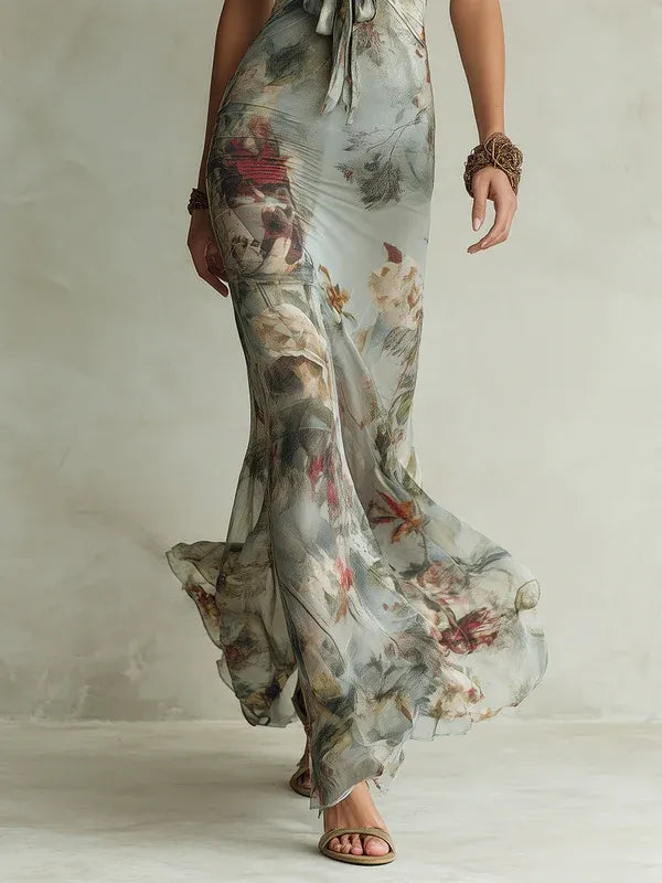 Retro Floral Print Halter Neck Fishtail Maxi Dress