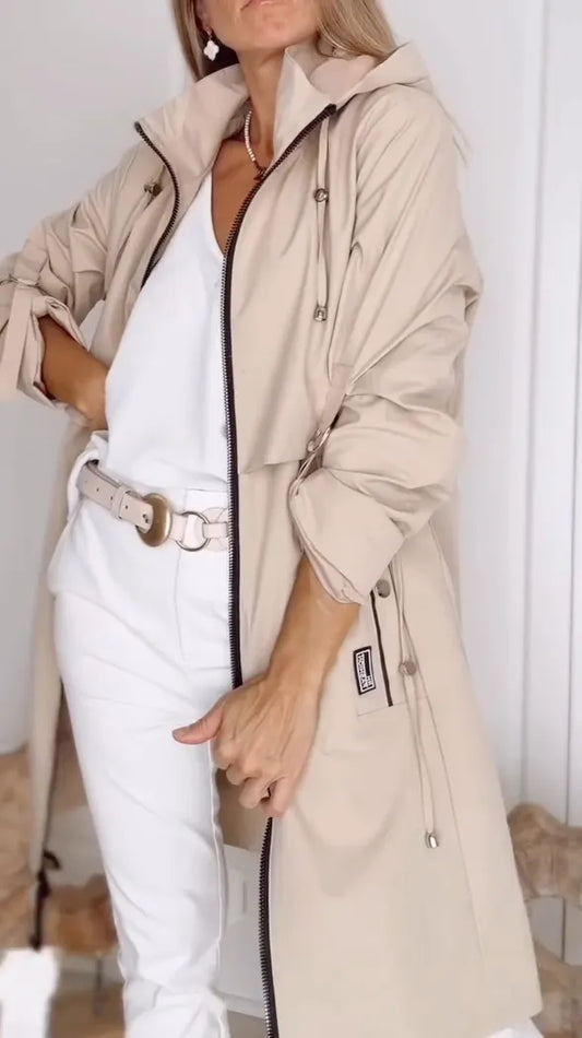 Khaki Hooded Waist-Tied Trench Coat