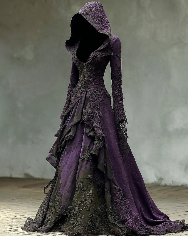 Halloween Theme Irregular Gradient Lace Embroidery Hooded Dress 82a9