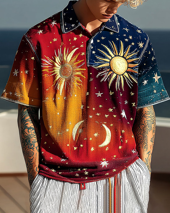 Men's summer vacation star and moon embroidered tie-dye polo shirt 0214