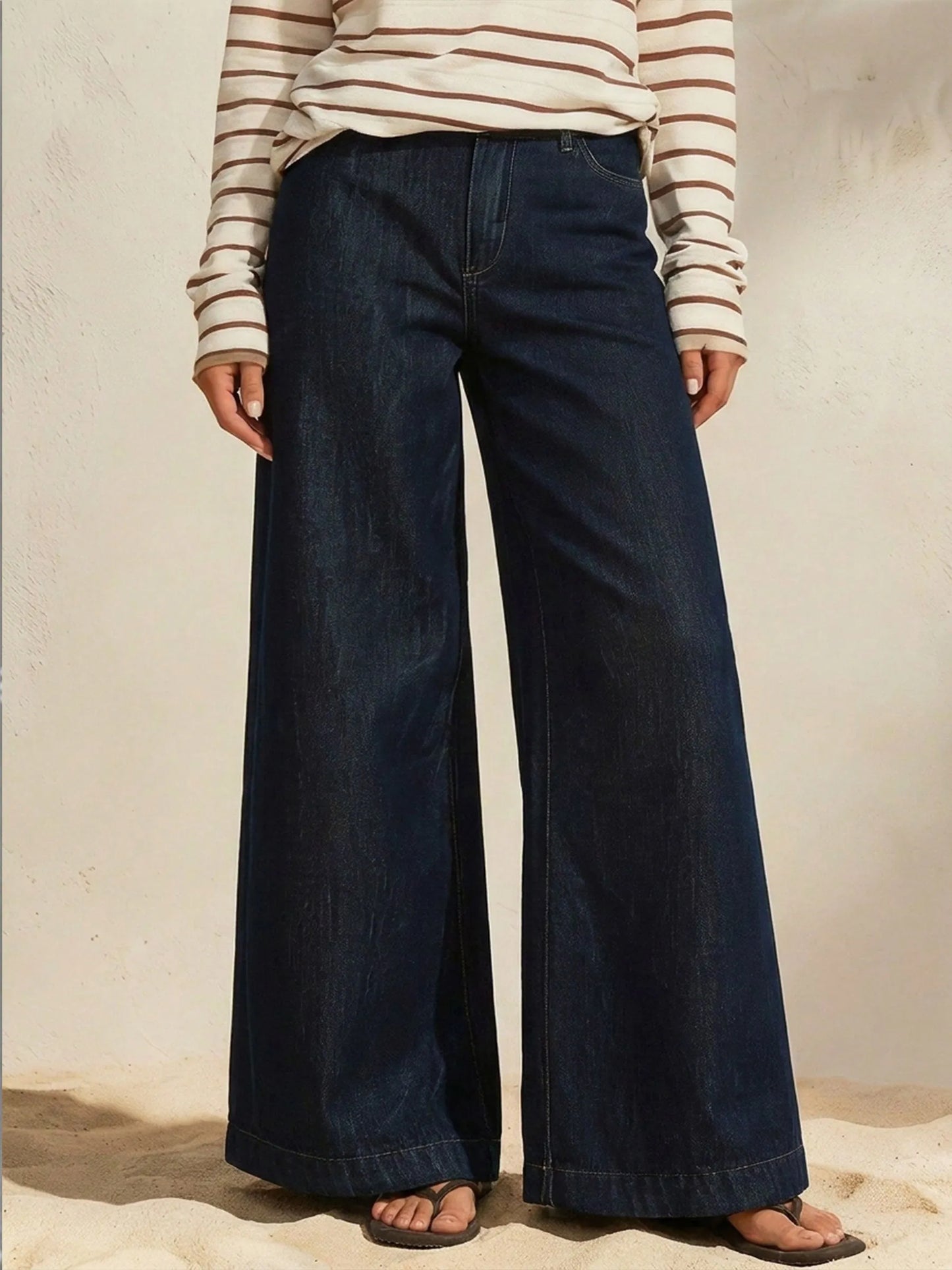 Womens High Waist Dark Wash Wide Leg Full Length Denim Jeans