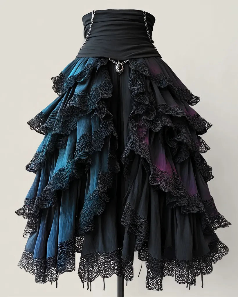 Elegant Patchwork Ruffle Skirt 15b9