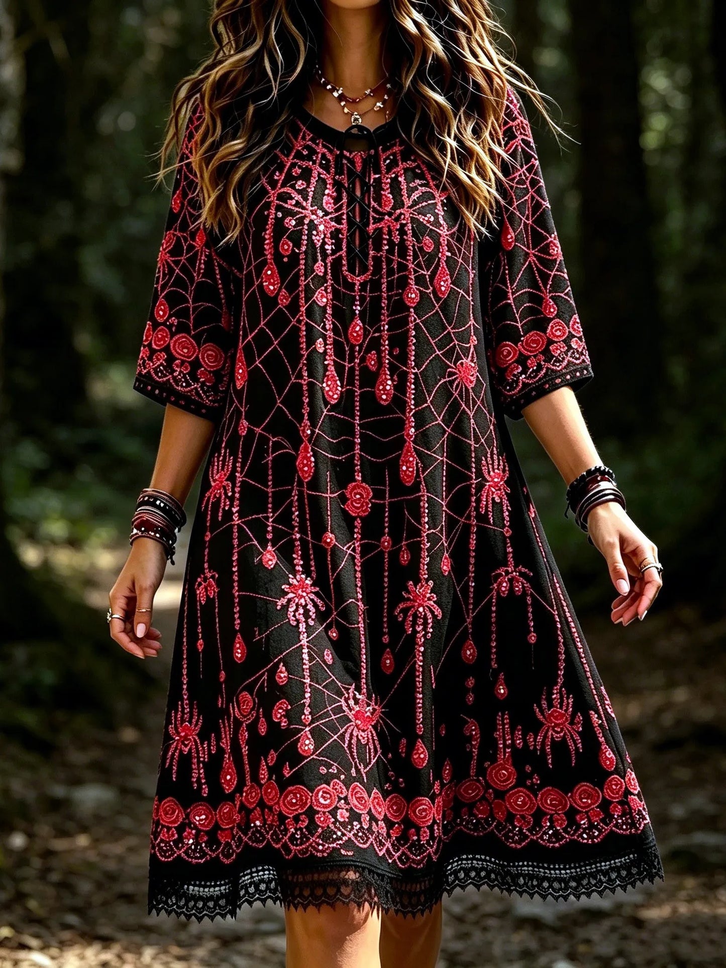 Women's Vintage Halloween-style Rose And Spider Embroidered Print Dress