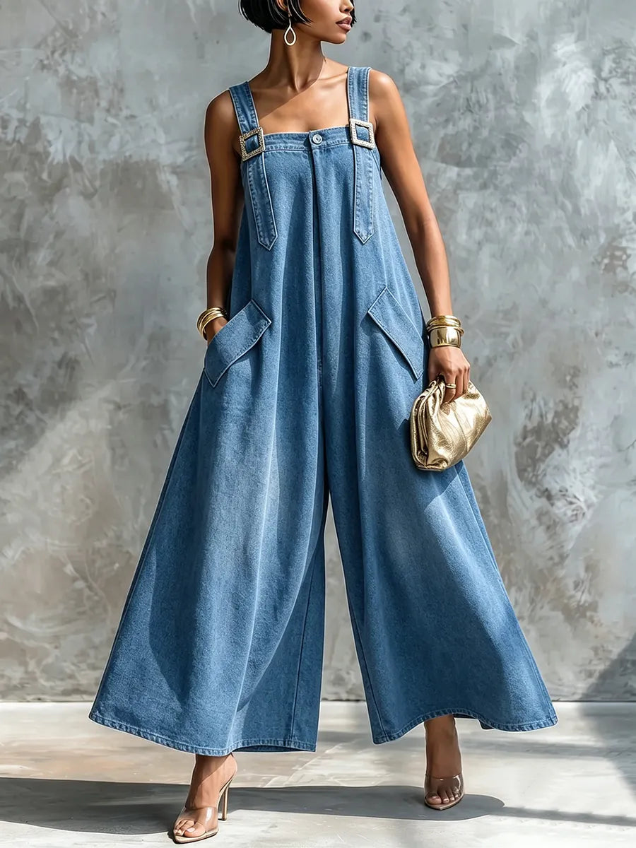 Relaxed Artfully Tailored Lightweight Denim Jumpsuit.