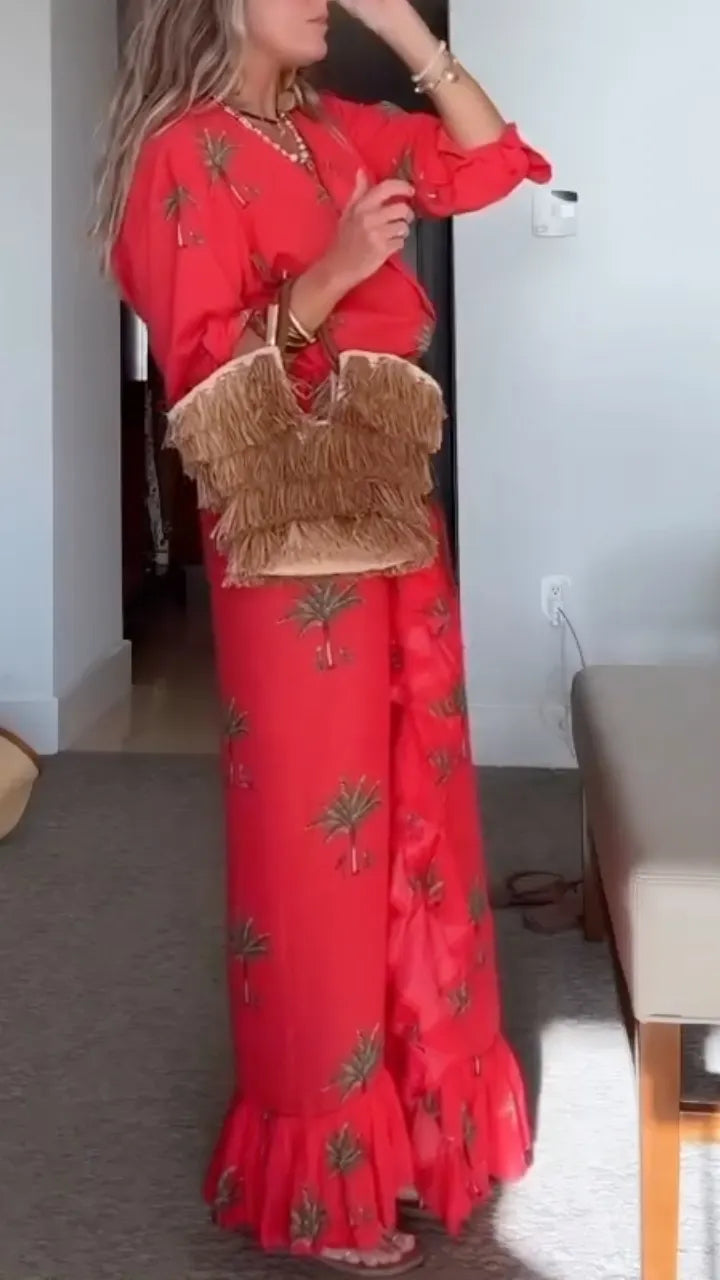 Red Palm Print Wrap Set